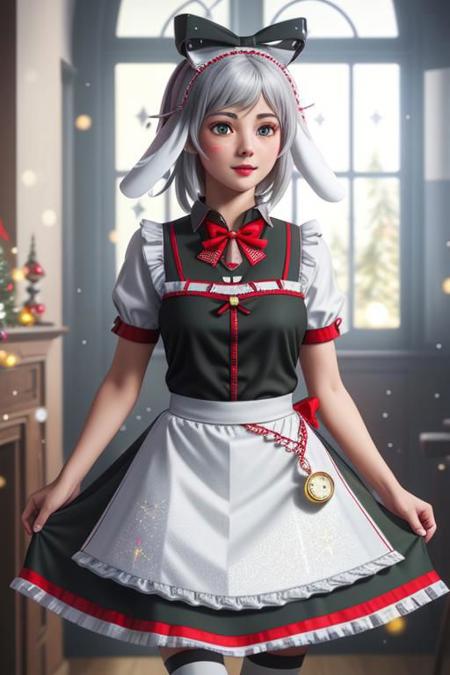 professional detailed image of Irisu wearing red frilly Christmas dress, (grey hair, green eyes, short hair, hair above cheeks, rabbit ears, red Christmas maid, maid apron, red maid headdress, pocket watch, bow, striped legwear, red bowtie),
(Indoors, Christmas decorations, Christmas tree:1.2),
(sparkles, sparkling hair, sparkling clothes, sparkles around face:1.3)),
(absurdres, incredibly absurdres, huge filesize, High quality texture, physically-based rendering, Ray tracing, octane render, sharp focus, (8k), (4k), (Masterpiece), (Best Quality), extremely detailed, intricate, hyper detailed, high resolution, sharp detail)