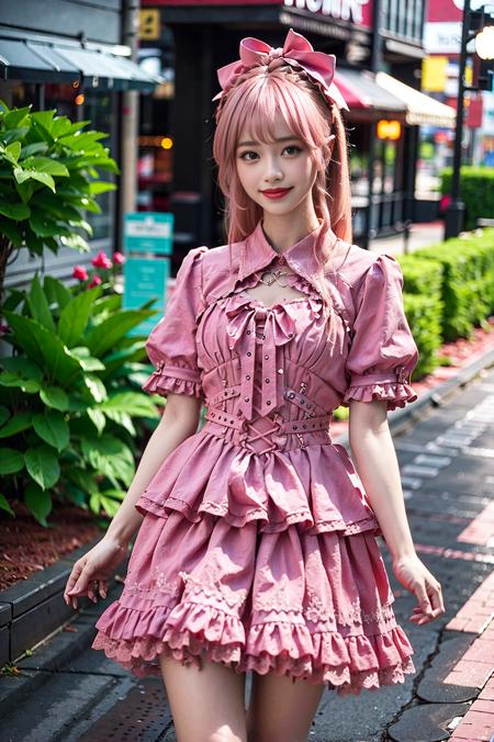 realistic, photorealistic, masterpiece, best quality, 1girl, solo, smile, looking at viewer, long pink hair,cowboy shot, bangs, cool_dress, standing in street, day,rain, netural lighting, <lora:cool_dress_style2_v1:0.75>,  <lora:JapaneseDollLikeness_v15:0.6>