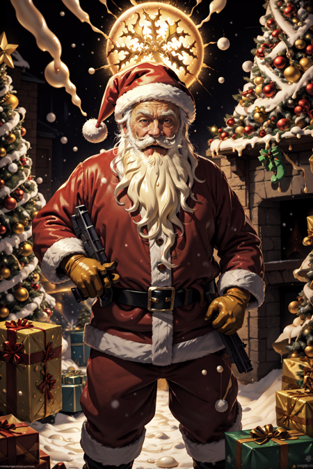 YellowSnow, solo, gloves, 1boy, hat, standing, white hair, male focus, black gloves, belt, pants, blurry, fur trim, facial hair, santa hat, santa costume, black belt, mustache, weapon, holding a weapon, machine gun, fire, explosion, box, christmas, beard, gift, gift box, old, christmas tree, old man, cheese, liquid, gooey, cheese slime, christmas theme, yellow theme, movie poster, meme, parody, horror movie poster, art by Larry Elmore and Greg Rutowski, blink and you can miss it detail, depth of field, masterpiece, <lora:YellowSnow:0.8>