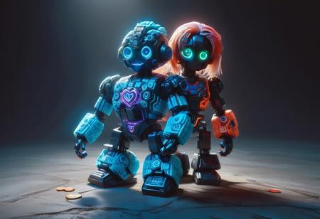 (3 diffrents characters:2), best quality, good quality, very awa, very aesthetic, absurdres, newest, group, group shot, expressing love, hugging, CivBot, CivChan and civitchan holding together, 3 people hugging together, 2girls, and 1robot, (Ombre color scheme of neon blue,neon light orange ,neon orange ) made of, tiny neon glass filaments, w0gf1l:0.81,  Manga style, detailed hyperrealism, full-body automaton (CivBot, blue robot), Civitai Logo medallion, head tilted, very high contrast, overhead lighting, 3D rendering, 4, 
smiling,
holographic text:"BUZZ" coins floating around,
First character : CivChan, purple eyes, pink hair made of filaments, short hair, made of ral-smlvltnpls,
Second character :  CivBot, civitchan, blue yes, black long hair made of filaments, body made of filaments, made of ral-smlvltnpls,
Third character : android, bot, made of ral-smlvltnpls, 
Background:cyber bedroom,