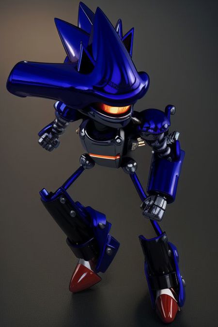 Mecha Sonic, purple robot, metallic armor, orange eye, long metal limbs, red shoes