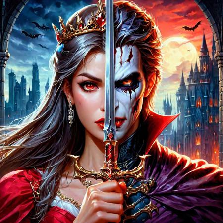 oil painting of a handsome A woman wearing a tiara holding sword infront of face, (half of the face is a vampire on other half its a human prince:1.25), amazing quality, city in background, digital art, TwoFace Blade, HD, masterpiece, best quality, hyper detailed, ultra detailed,
