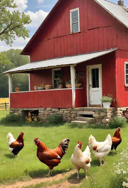 chickens in a field, vintage red farmhouse, big rustic antique farmhouse
