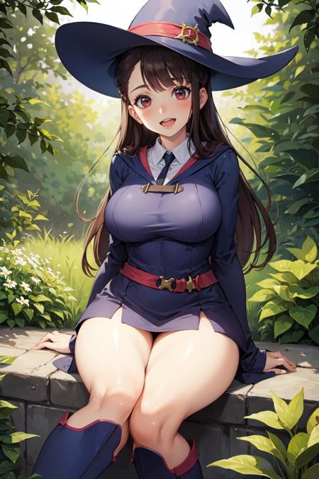 kagari_atsuko, long hair, dress, luna nova school uniform, long sleeves, hat, witch hat, witch, boots, shirt, knee boots, skirt