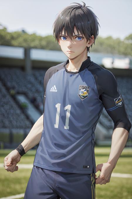 (masterpiece, best quality:1.2), <lora:bl_isagi-10:0.8>, cowboy shot, solo, male focus, 1boy, isagi yoichi, expressionless, closed mouth, looking at viewer, black hair, sportswear, soccer field