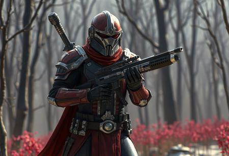 As an art expert specializing in concept art and Star Wars lore, please generate a detailed, high-resolution (8K) description of the image. The central focus should be a Star Wars-style action pose of The Phantom Knights of Cloven Helm, a bounty hunter in red and black armor with silver accents, holding a blaster rifle, standing against a stark Forest of Lost Flowers background. Include all specified artistic elements: exceptional quality, lifelike details, super detailed face and eyes, isometric perspective, dynamic action pose, cinematic lighting, and references to CGSociety, Artstation, and artists like Mark Brooks and Brad Kunkle. Ensure the description adheres to the Golden Ratio, uses harmonious multi-colored tones, and incorporates styles such as Raphael, Houdini, and Unreal Engine 5. Highlight the character’s readiness, the armor’s elegance, and the background’s atmosphere. Keep the output medium-length (200-300 words) with a structured focus on composition, lighting, and stylistic details.