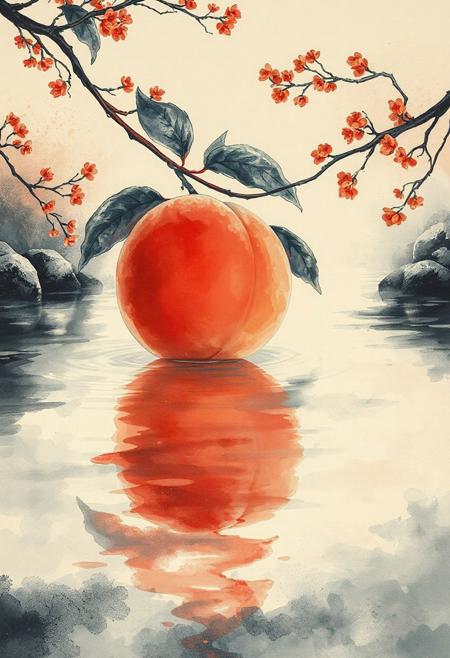 The peach flows backwards down a great river and floats on its surface.
Japanese art style, Japanese ink painting, 
best quality, sharp focus, high contrast, colorful, ultra quality, 8k, best quality,