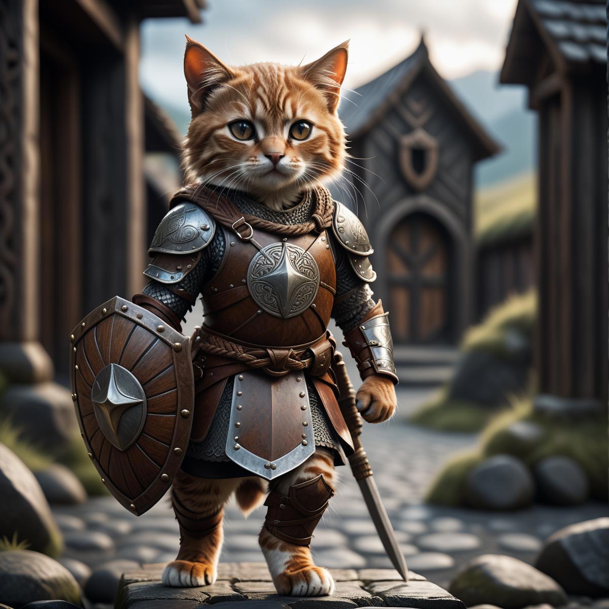 A small cat dressed as a knight, holding a shield and sword.