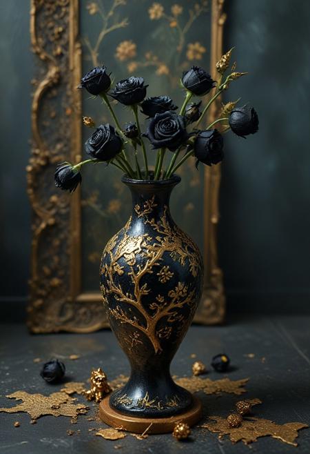 tilt-shift photo of best quality double exposure complex surreal painting on cracked paper, macro, microworld,  hyperdetailed,   insanely detailed ,black roses in vase, bouquet of black roses, ceramic vase, gold dragon on vase, black marble floor, sitting on floor, dark background, big eyes 32k, by Rockwell, WLOP Ryniac, Craola, Disney, van Gogh, highly detailed, intricated, intricated pose, high quality, centered, perfect composition.,
<lora:Midjourney_-_SemiReal_Dreams_FLUX_LoRA:1>,<lora:hyper-detail-illustration:1>, Selective focus, miniature effect, blurred background, highly detailed, vibrant, perspective control