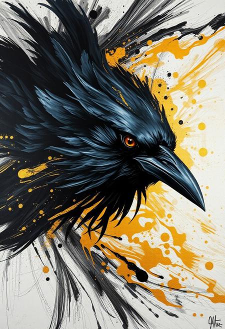 A hyper-stylistic, extremely detailed image depicts a breathtaking painting, crafted from a combination of smeared black and gold metallic paint. A crow's head is captured in a streaked motion, as if it is moving rapidly in one direction, its sleek features a blur of dynamic energy. The black paint is applied in bold, sweeping strokes, creating a sense of speed and agility that is contrasted beautifully by the golden accents. The gold paint is used to highlight the crow's eyes, adding a sense of depth and dimensionality to the image. The crow's feathers are depicted in a flurry of motion, as if they are ruffled by the wind. Every detail of the image is meticulously crafted, from the delicate, swirling patterns of the gold paint to the intricate, textured patterns of the black paint. The contrasts between light and dark, color and texture, create a sense of tension and energy that draws the viewer in, inviting them to explore the dynamic world of the crow. highest-Quality, intricate details, visually stunning, Masterpiece