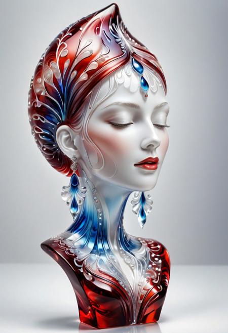 Hand-drawn sketch surreal portrait, split murano_glass_style face, human and abstract fusion. Pale female face, serene expression, closed eyes, pink and blue organic structures, coral and bone texture, dripping elements, crimson tear, delicate earring. Ethereal and haunting atmosphere, dark tones, unsettling details, rough lines, textured pencil strokes, white background.