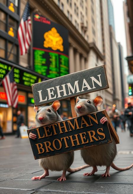 a stock market in wall street, two rats carrying an old Lehman Brothers sign