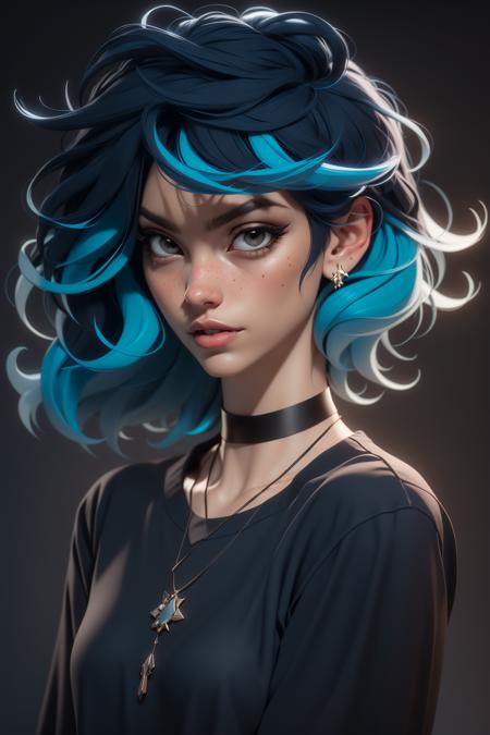 3dmm style,masterpiece, best quality,3d rending work ,close-up,portrait,1girl, solo, multicolored hair, blue hair, black hair, necklace, freckles, jewelry, two-tone hair, looking to the side, realistic, upper body, simple background, bangs, looking away, short hair, parted lips, black eyes, lips, gothic, choker, makeup, mole, black shirt, shirt,, masterpiece, best quality,