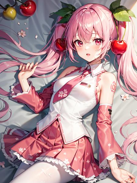 1girl, solo, pink hair, pink eyes, twintails, food-themed ornament, cherry_ornament, ((cherry_blossom print)), sleeveless, sleeveless shirt, detached sleeves, white shirt, pink necktie, petals, pink skirt, <lora:epiNoiseoffset_v2:1>, rim light, pink_pantyhose, tattoo, bare_shoulders, pink sleeves, shoulder tattoo, <lora:Sakura_Miku-10:1>