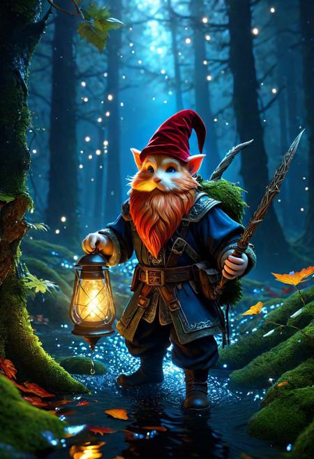 Ultra detailed digital art masterpiece Forest Gnome dressed in a moss and leaves rescues the Squirrels he holds in his arms, running down the mysterious night of the dark forest, dark fantasy. perfect lighting, elegant, unreal engine 5 nanite quality, mixed with dark elements, dark environment, very dark night, clean dark velour witch clothing, dark washed out eyeliner, no make up, natural face, realistic blue eyes, ultra detailed atmospheric details, beautiful glowing effects, sparkle effects, realistic body proportions, beautiful face proportions, complex masterpiece, wavy red hair, creative glowing detailed tattoos, complex physics, enhanced colors, complimentary colors, ultra detailed raytracing reflections, Ultra detailed complex background, environment feels alive, direct eye contact, dramatic lighting, wet and sweaty skin, beautiful firm Breasts, Concept art portrait by Greg Rutkowski