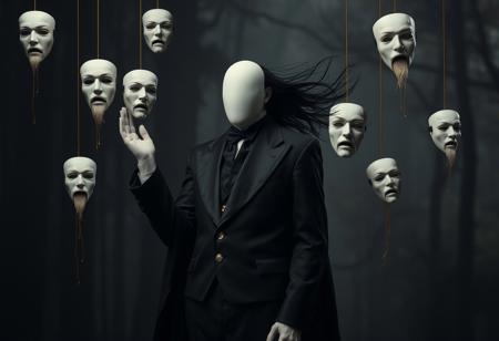 setting: dark, atmospheric background, blurred forest or abstracted natural environment, muted colors, shadows and dim lighting  
masks: floating, white, expressionless to anguished, stylized with intricate detail, some with elongated features or beards, suspended by thin golden strings  
mask details: smooth porcelain-like texture, varying expressions (neutral, screaming, surprised), dripping golden strands resembling liquid or threads  
character:  
age: adult, ambiguous age range, likely mid-30s to 40s  
appearance: faceless or featureless head, pale skin, long flowing black hair swept by an unseen breeze, elegant black suit with gold embroidered accents, dramatic long cape  
expression: no visible facial features, but body language conveys commanding presence or calm authority  
pose: standing tall, one hand raised in a gesture of control or addressing the floating masks, other hand relaxed by their side  
lighting: soft glow on the masks, faint golden highlights on the character’s outfit, dim ambient light creating a mysterious tone  
mood: eerie, surreal, enigmatic, theatrical  
theme: symbolism of identity, control, or manipulation, blending fantasy and gothic elements  
art style: hyper-detailed, realistic textures, dramatic contrasts, and painterly atmosphere  
visual focus: faceless character, suspended masks, dark and intricate outfit details