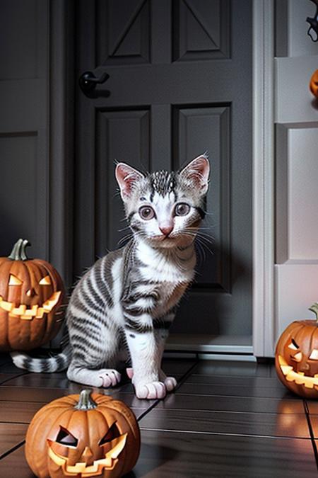 Capture a full hyper-realistic photograph of an adorable  white kitten shooting at ghosts with an M16 Machine gun in a halloween town with ghosts flying around and jack o lanterns in doorways, cutest kitten in civitai, side view, chubby kitten, short legs, close up, c4d, blender, raytracing, unreal engine 5, render 3d,