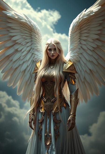 Full shot of The queen of Heaven, white great eagle wings, extremely long blonde hair, long shadows, beautiful, sensual, gold iron armour, wind, clouds, heavenly background, photography studio style