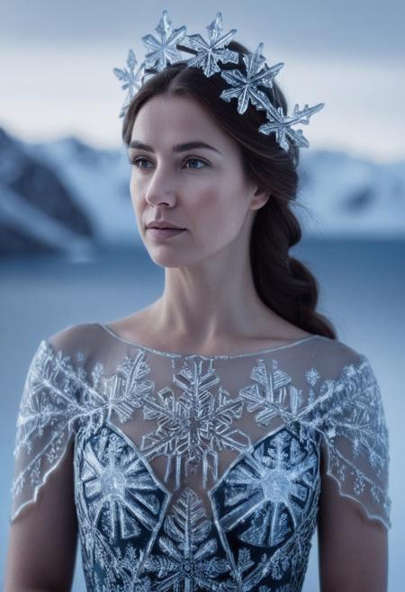 instagram photo, front view, portrait photo of a 30 y.o woman, wearing dress of ice with snowflake pattern, beautiful face, cinematic shot, beautiful arctic background