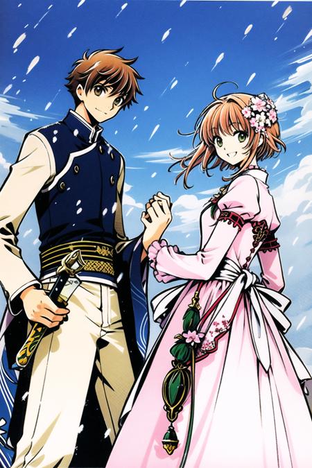 Tsubasa,1girl, 1boy, weapon, brown hair, sword, dress, holding weapon, long sleeves, brown eyes, holding, hair ornament, short hair, green eyes, ice, looking at viewer, snow, holding sword, snowing, flower, sky, outdoors, pants, puffy sleeves, holding hands, smile, white dress, bangs, hair flower, <lora:Tsubasa:0.8>