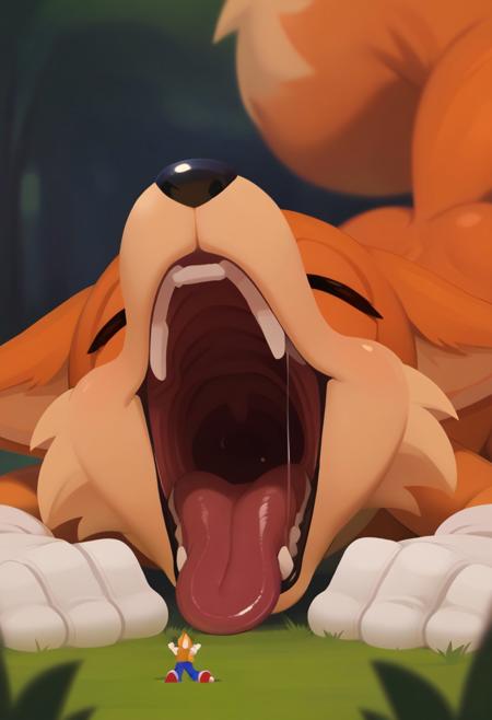 score_9, score_8_up, score_7_up, bokeh, flat colors, lineless, vector art, vector graphics, z0nkp4nch, cute, solo, white gloves, Sonic, gay, Tails the Fox, macro, open mouth, tongue out, teeth, throat, saliva, lying on front, ass up, two tails, fluffy tails, vore, vore invitation, mouth focus, close up,