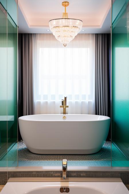 <lora:JJsArtDeco_rv3:.7>  ,((art deco)) , RAW photo,Masterpiece, high quality, best quality, authentic, super detail  ,tv sheft  ,windows ,curtains, dslr, soft lighting, high quality, film grain, Fujifilm XT3  ,gold ,green ,bathroom,ceiling light, television, bathtub , plant, mirror , glass ,window, shower, basin,