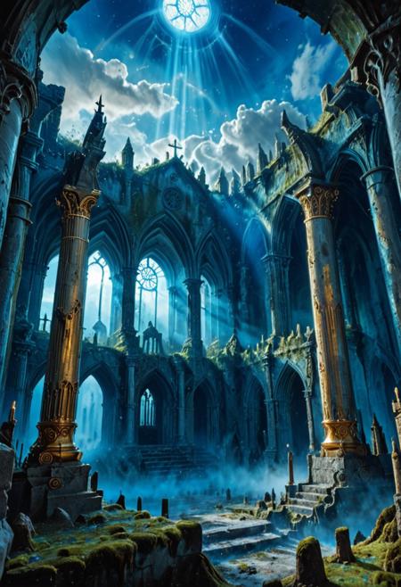 <lora:MW_DEp2xl:1> MUR0, medieval, blue sky, gold, silver, blue, columns, fantasy, green, T8, forest, trees, mist, epic, imagination, epic scale, epic world, halos of light, detailed, bokeh, motion, EFFD03, epic scale scenery, moss, clouds, multi levels, transparent water, landscape, blue sea, SE12, rich detailed sky, ruins, crumbled ground, the crypt, black robed crowd, occult ceremony, women dressed with black robes,