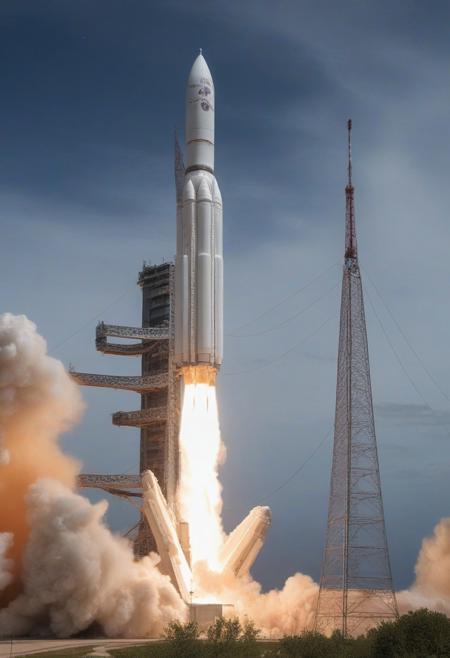 Ariane 6 rocket during its launch, very realistic photography