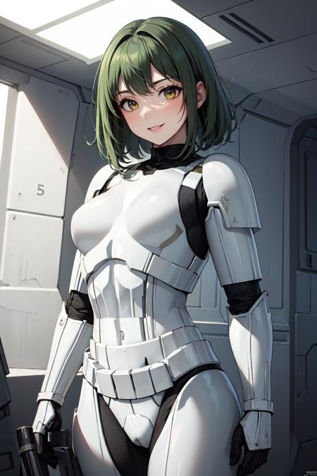 masterpiece, best quality, absurdres, 1girl, solo, StromTrooper, armor, green hair, medium hair, yellow eyes, smile, <lora:StormTrooper:1>