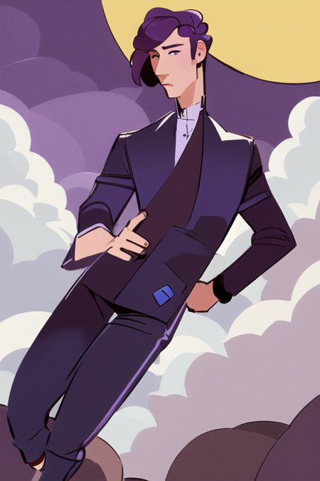 mature male, 3 piece suit, dark purple hair, purple eyes, parted bangs, very short hair, moon earring, masterpiece, rcdart