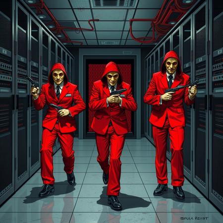 Concept art of a server room being broken into by "Money Heist" themed burglars, wearing their iconic red jumpsuits and Salvador Dali masks, holding pistols and looking determined. 
Realistic details and textures, long shot perspective.