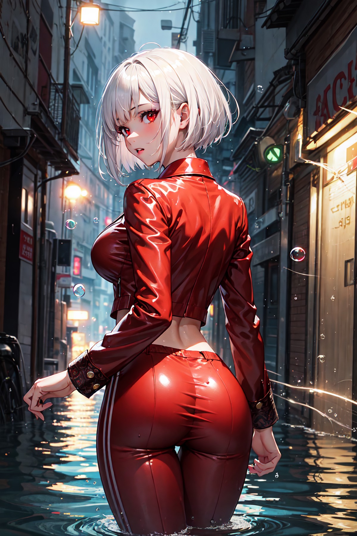 (masterpiece, best quality),1girl with short bob cut hair, white hair, red eyes, pompous red suit, bubble butt, running, a...