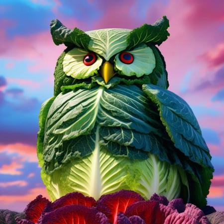 no human, (giant owl made of cabbage over a red castle:1.5), Geometric Pattern Effect: Repeating shapes (tiles, panels) create structured complexity. Color Spectrum Display: Wide range of hues from cool to warm tones.  Reflective Surface Theme: Smooth, light-catching textures evoke motion and depth. Symmetry and Balance: Central alignment with mirrored visual weight. . lazypos, rp_slgd, a surreal owl composed of  obsidian cabbage, wings made of floating cabbage leafs, perched on a red cabbage flower, on top of a red cabbage castle, a kaleidoscope swirling sand sky, glowing purple sand,
, vibrant colors, whimsical design, surreal fantasy, high detail, 4k, strong bokeh
