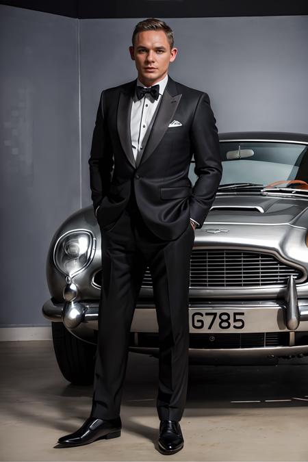 standing next to silver Aston Martin DB5, CFBrent is James Bond wearing James bond attire, (holding gun), seductive expression, sultry expression, masterpiece, ((full body portrait:1.5)), full body shot, wide angle <lora:CFBrent:0.75>