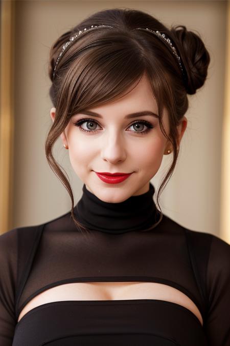 photo of riddlecos-1296:0.99,a woman,((pale skin)),  ((beautiful dark brown hair, hair up, hair in bun):1.2), ((fancy dress, tiara, turtleneck dress)),((closeup, portrait)),((fancy party, royal ball)),((red lipstick):1.2), (eyeliner, eye shadow, blush), ((best quality, masterpiece, extreme details, high resolution):1.2),((detailed eyes, beautiful eyes, detailed face, beautiful face):1.2)