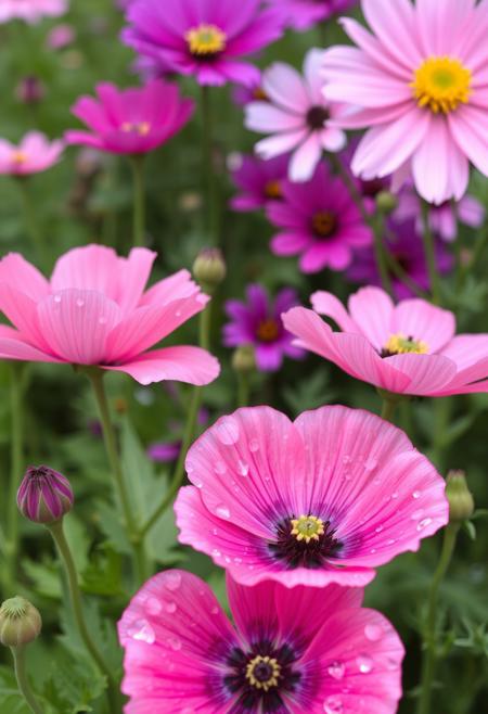 Pink and blue garden flowers, water droplets on petals, green leaves, pink poppies in the foreground, purple cosmos in the background, photo-realistic, natural lighting, high resolution, hyper-realistic in the style of a skilled photographer.