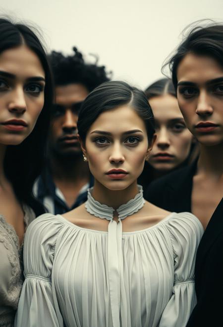 A group of strangers posed formally for a portrait, their blurred outlines suggesting they might be ghosts of another time.
timeless portrait photography, deep psychological presence, soft ethereal lighting, subtle painterly textures, monochrome and muted color tones, natural yet dreamlike atmosphere, blurred edges, strong composition, historical documentary style with contemporary romanticism, luminous skin tones, rich fabric details, intimate gaze, fusion of realism and mysticism, classical yet avant-garde aesthetic