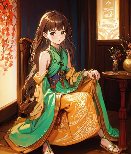 masterpiece, high res, detailed face, detailed eyes, 1girl, solo, small breasts, brown hair, long hair, brown eyes, green dress, chinese clothes, exposed shoulders, sitting, throne, full body, cowboy shot, indoors, chinese room <lora:Lymsleia:1>