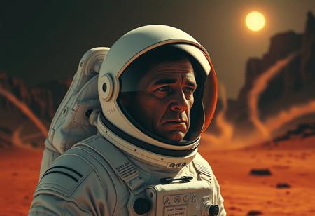 very dark photo, hyper detailed, astronaut, astronaut in a white space suit. The astronaut is wearing a helmet with a clear visor, the helmet is round in shape. the astronaut has a sad expression. The astronaut is standing on a martian landscape, red desert, high cliffs in the background, dust devils cross the sands and break against the cliffs. The sun is small in the sky and a pale yellow. (real skin, textured skin, intricately detailed eyes:1.3), (high saturation:1.2), (high contrast:1.1), (subsurface scattering:0.9), (depth of field:1.2), (by Larry Elmore:1.5), <lora:nipples:-0.99>