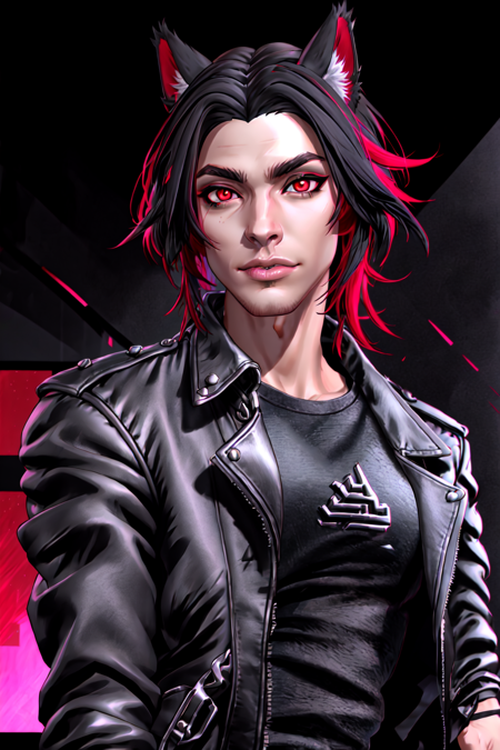 <lora:Raaelle_Criss:0.8> Ra'aelle Steel X'voor, 1boy, animal ears, black hair, black jacket, cat ears, jacket, leather, leather jacket, lips, looking at viewer, male focus, colored sclera, black sclera, realistic, red eyes, red hair, short hair, solo