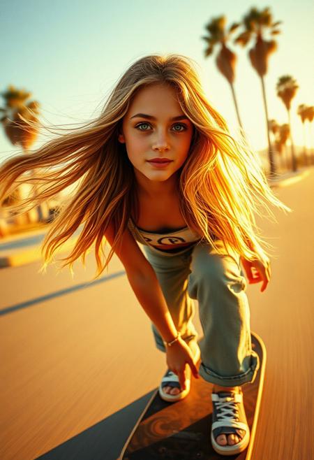 image in craig robert Stecyk III style. portrait of a skater girl riding on her skateboard. californian summer of 1975. her golden hair is shimmering in the evening sunlight.