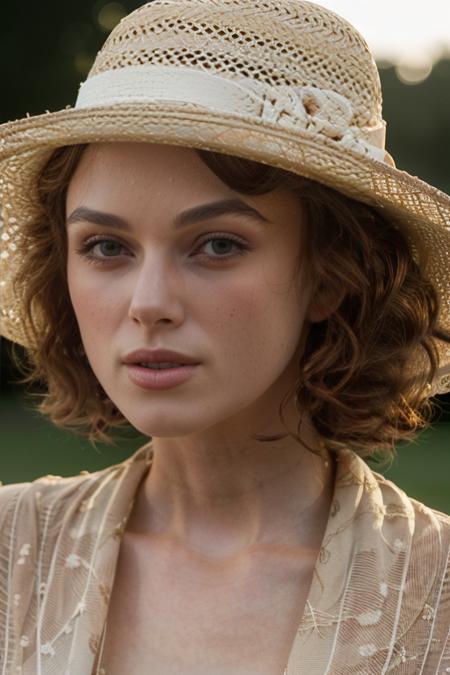masterpiece, best quality, cinematic, volumetric lighting, very detailed, high resolution, sharp, sharp image, 4k, 8k, 35 mm,
<lora:KeiraKnightley_smf_lora_v01_m01:1>,  1girl, k3i74k2-smf, solo, sun hat, photo (medium), brown hair, straw hat, lips, realistic, portrait, short hair, face