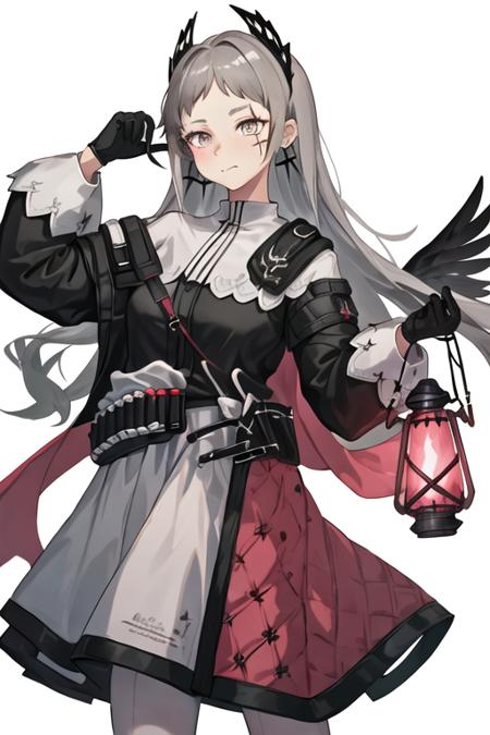 best quality, masterpiece, highres, solo, {irene_arknights:1.15}, long_hair, grey_hair, head_wings, scar, scar_across_eye, grey_eyes, earrings, jewelry, scar_on_face, closed_mouth, upper_body, very_long_hair, 1girl, black_dress, black_gloves, black_jacket, gloves, holding, holding_lantern, jacket, lantern, long_sleeves, looking_at_viewer, sword, weapon, black_background, dress, skirt, white_dress, cowboy_shot, simple_background