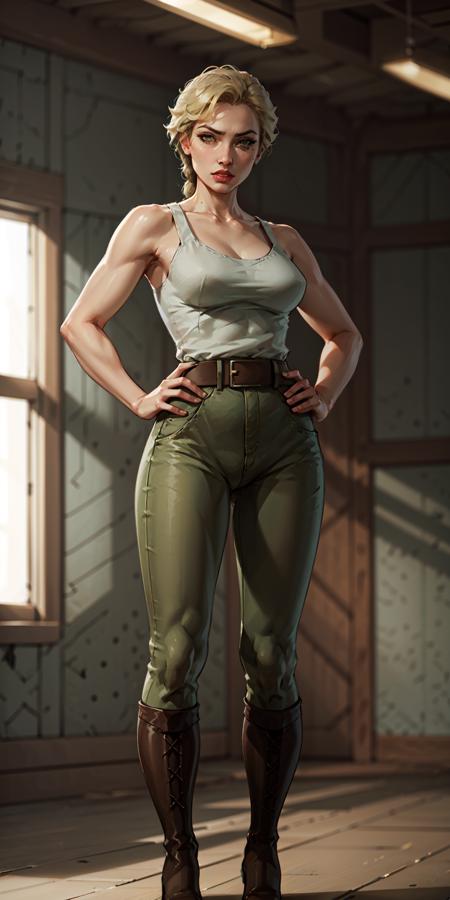 1girl, full body of sinclair standing in dynamic pose, hands on hips, white tank top, green pants, boots, belt, military base indoors, looking at viewer, volumetric lighting, best quality, masterpiece, realistic, <lora:sxz-helga-sinclair-v6:0.8>