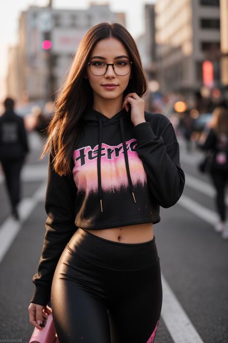 DV_Ella_Vicious (Art Photography, Award Winning) is wearing black leggings, a pink hoodie and pink sneakers, glasses),in New York, houses are splattered with pink paint, by Steve McCurry, 35mm, F/2.8, ((Photo Focus, DOF, Aperture, insanely detailed and intricate, character, hypermaximalist,  slutty, beautiful, exotic, revealing, appealing, attractive, amative, hyper realistic, super detailed, heresy flares))(DOF, blurry background, sunset in the back of the character)Lens Flare, Heresy flare, smiling