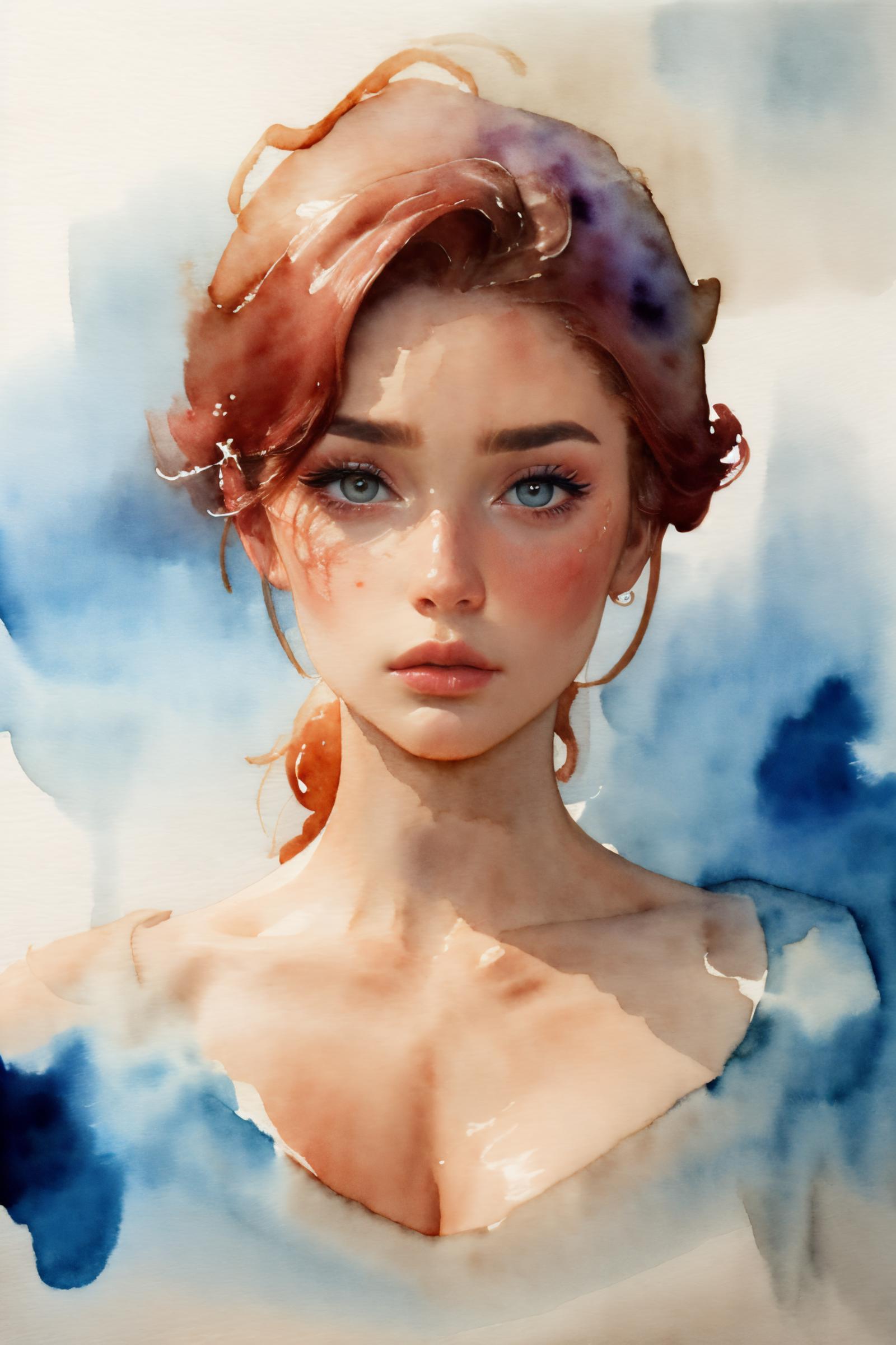 A painting of a woman with red hair and blue eyes.