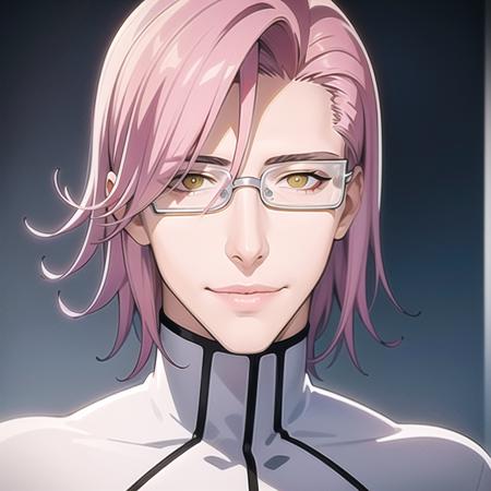 artstation, best quality, masterpiece, ultra detailed illustration, a portrait,  <lora:Szayelaporro4:0.7>, Szayelaporro, 1man, handsome man, clean shaven, sexy adult face, white glasses, yellow eyes, white turtleneck, black stripes, hair over one eye, pink-haired, smiling, simple background