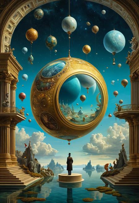 A lone figure standing at the edge of time, surrounded by floating digital artifacts, absurdist surrealism, symbolic narrative, classical painting technique, whimsical imagination, visual paradox, dream logic, theatrical composition, intricate detail, Renaissance-inspired lighting, fantastical costumes, hidden meaning, allegorical figures, poetic absurdity, rich color palette, distorted perspective, playful surrealism, illusionary space, conceptual portraiture, narrative complexity, surreal elegance
