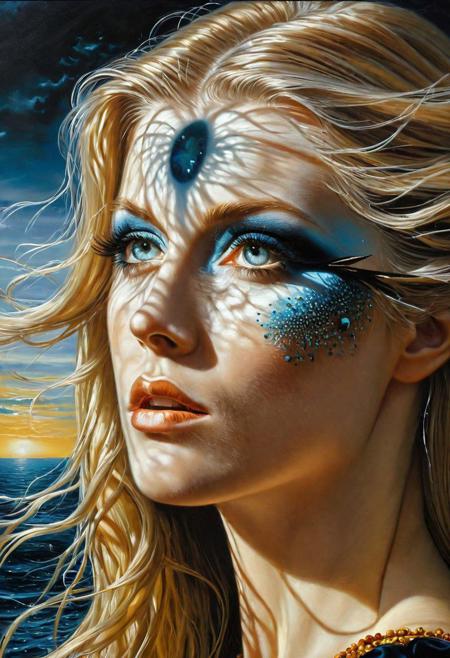 painting, an eye contact of a blond woman with long hair and dark theme, Michael Cheval, 4k