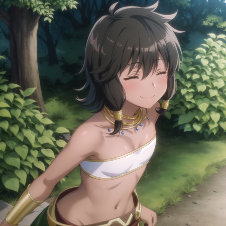 anime screencap,
<lora:Tiona>,outdoors,forest,
1girl, solo, closed eyes, smile, from above, barefoot, black hair, bare shoulders, downblouse, short hair, hair tubes,from above, bandeau, skirt, flat chest, jewelry, necklace, navel,bracelet,(dark-skinned female:1.2),